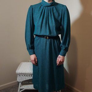 Vintage No Brand 80s Green and Black Blouson Dress with Mock Neckline